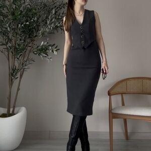 Zara Grey  Sleeveless Midi Dress with Button-Front Vest Detail